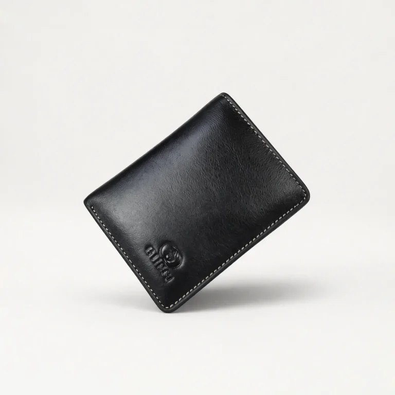 Genuine Leather Bifold Wallet — Black with Beige Stitching - Image 1