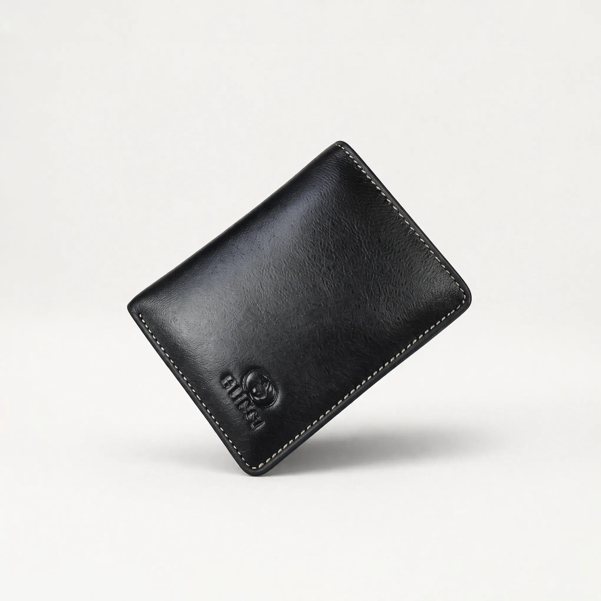 Genuine Leather Bifold Wallet — Black with Beige Stitching - Image 1 Genuine Leather Bifold Wallet — Black with Beige Stitching - Image 1