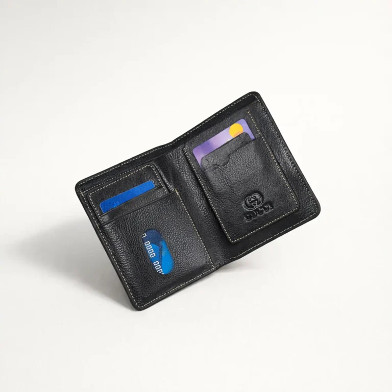 Genuine Leather Bifold Wallet — Black with Beige Stitching - Image 2