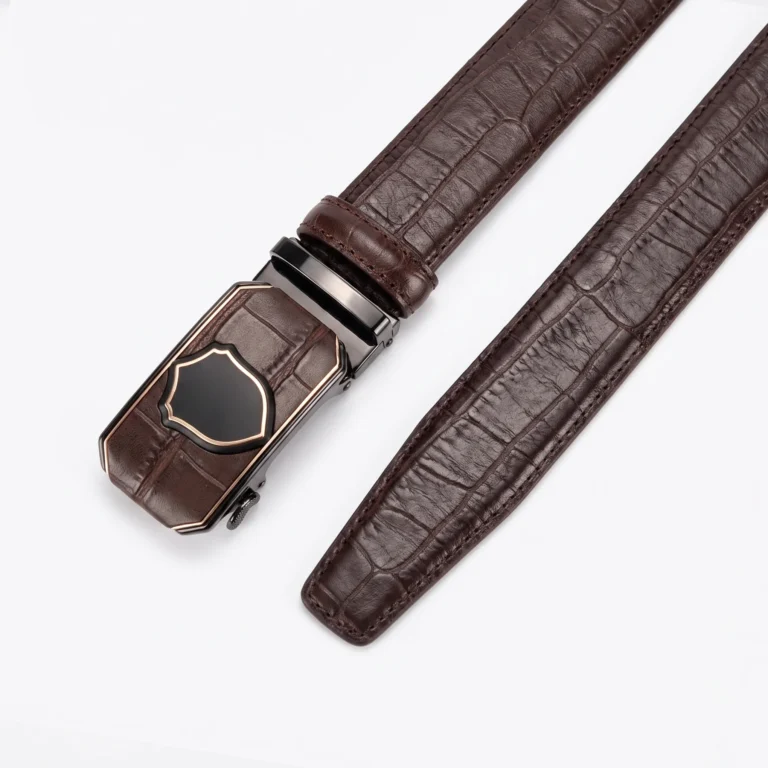 Automatic Ratchet Buckle Genuine Leather Belt with Shield Emblem — Tan Brown – view 2